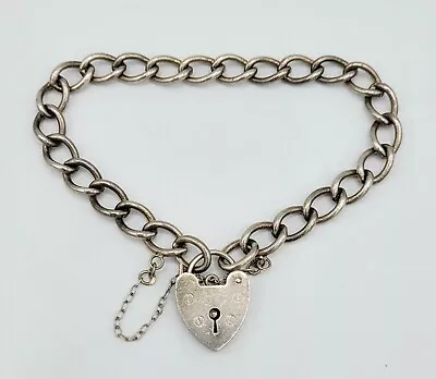 Vintage Sterling Silver Padlock Heart Starter Charm Bracelet~curb Link • $38