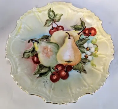 Vintage Hand Painted Plate With Gold Trim - Fruit Pears Cherries • $12