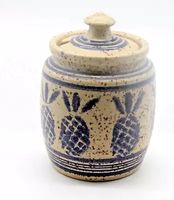 Honey Pot Mustard Pot With Spoon Hole Lid Blue Pineapple Speckled Stoneware • $17.25