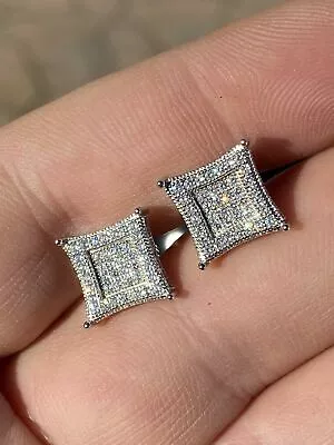 Mens Real 925 Solid Sterling Silver Kite CZ Hip Hop Iced Square Earrings 10mm • $28.42