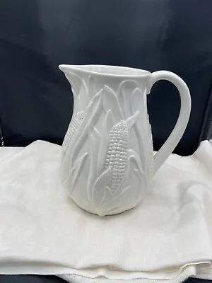 White Glazed Pottery Pitcher Made In Italy Majolica Corn Beautiful Rare  • $59.95