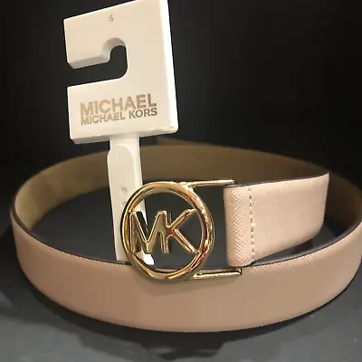 Michael Kors Leather Belt Beige Pink Saffiano Gold 1.5  Logo Size S New Tag • $33.99