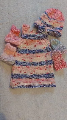 Hand Knitted Premature Pinafore Dress Hat Mittens & Booties. Multi Coloured • £4.99