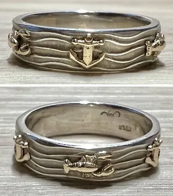 Handmade Sterling Silver & 14K Gold Nautical Anchor & Lobster Band Ring Size 7 • $297.50