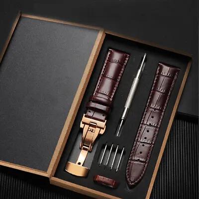 18mm-24mm Genuine Leather Butterfly Clasp Buckle Watch Band Strap Wristwatch • $7.88