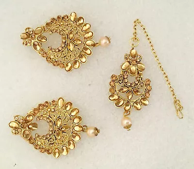 New Bridal Pearl Maang Tikka Earrings Kundan Wedding Gold Tone Indian Jewelry • $23.09