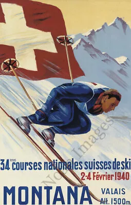 Montana Valais Vintage Ski Resort Race Travel Poster Repro 16.24 • $9.95