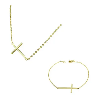 925 Sterling Silver Gold-Tone Womens Sideways Cross Necklace Bracelet Set • $25.99