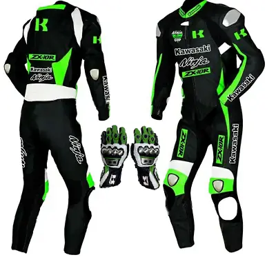 MotoGP Kawasaki Ninja Customized Motorbike Motorcycle Leather Race Suit & Gloves • $310.32