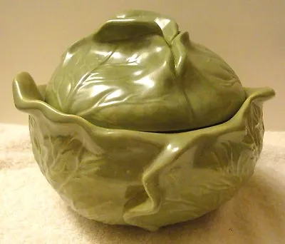 Studio Art Pottery Green Cabbage Leaf Bowl With Lid 36 Oz Artist Signed Mint • $28.99