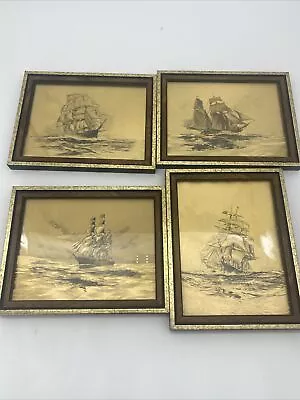 Set Of 4 Vintage Gold Foil Etched & Framed Art Nautical Boats Ships • $49.98