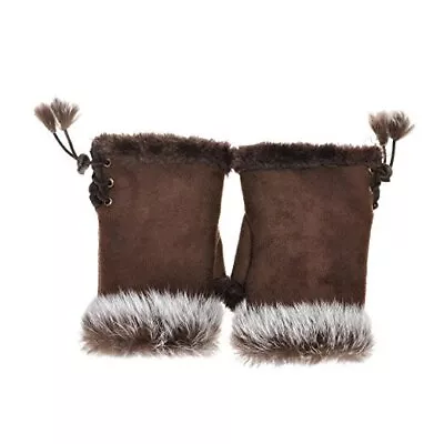  Women Teen Classic Winter Warm Rabbit Fur Hands Wrist Fingerless Gloves Brown • $27.98