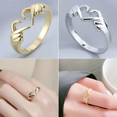 925 Silver Heart Love Rings Hug Opening Hand Rings Women Men Jewelry Gift • £2.84