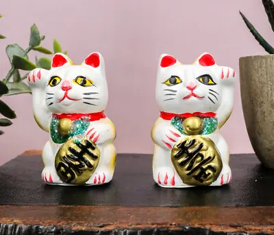 Japanese Right And Left Paws Beckoning Cat Maneki Neko Ceramic Figurine Set Of 2 • $15.99