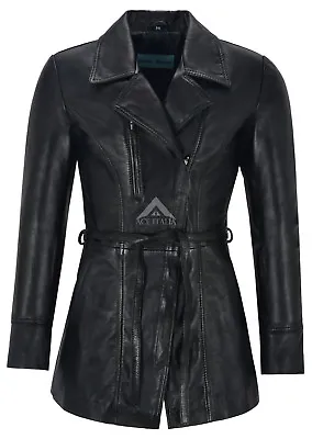 SARINA Ladies Real Leather Trench Coat Black Mid Length Classic Lambskin Jackets • £93.41