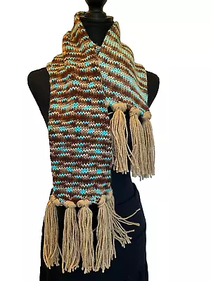 OBD Handmade Hand Knit Blue/Chocolate/Tan Striped Winter Scarf W/Fringe • $28