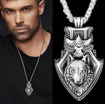 Men's Wolf Necklace Eagle Wolf Shield Necklace Norse Viking Wolf Head Pendant  • £4.99