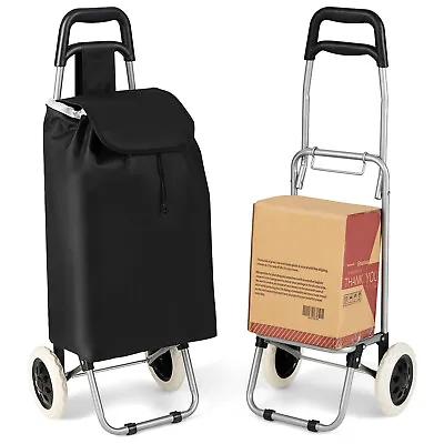 Costway Black Large Capacity Light Weight Wheeled Shopping Trolley Push Cart Bag • $29.95