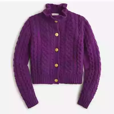 J Crew Cable-Knit Ruffleneck Cardigan Sweater In Purple Size M • $60