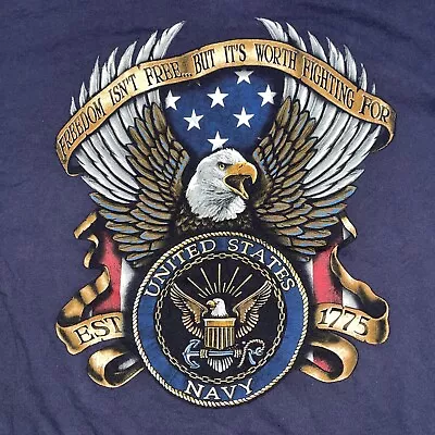 Vintage US Navy Veteran Big Print American Eagle USA Black T-Shirt Adult Size L • $16.19