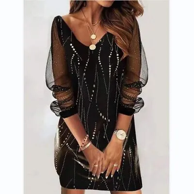 $24.95 • Buy Womens Ladies Lace Mesh Bodycon V Neck Casual Evening Cocktail Party Mini Dress