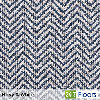 Navy & White Herringbone Pattern Loop Carpet Stain Resistant Feltback Lounge • £63.92