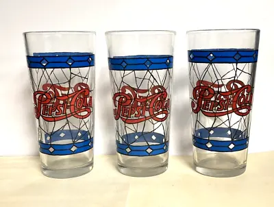 Set Of Three Vintage Pepsi Cola Tiffany Stained Glass Drinking Glasses -6-1/4” H • $4.99