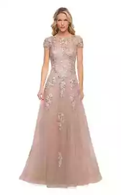 La Femme Blush Pink Floral Lace Applique Sparkle Cap Sleeve Tulle Gown 4 $639 • $198.98