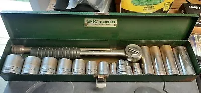 VINTAGE  Mostly S-K TOOLS 18 PIECE 1/2  DRIVE SOCKET SET IN METAL BOX USA Made • $45