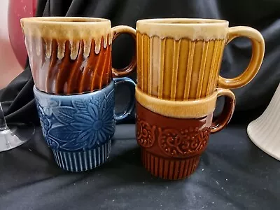 Vintage Stackable 4x. DRINK Ceramic COFFEE MUGS Retro Japan Embossed Drip Glaze • $48