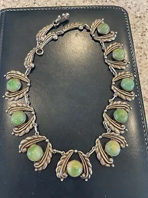 Vintage Estate Mexico Sterling Silver Green Stone AE Necklace Cool Piece! 16  • $169.99