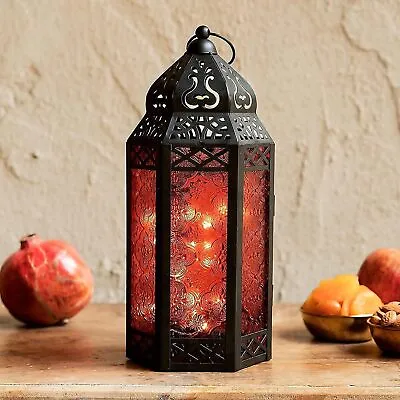Lantern Candle Metal Red LED Battery  Medium Decorative Vintage Pillar Painted • $45