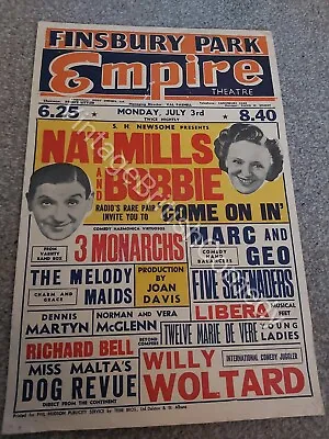 Vintage Music-Hall Theatre Poster - Nat Mills & Bobby / 3 Monarchs 1950 • £50