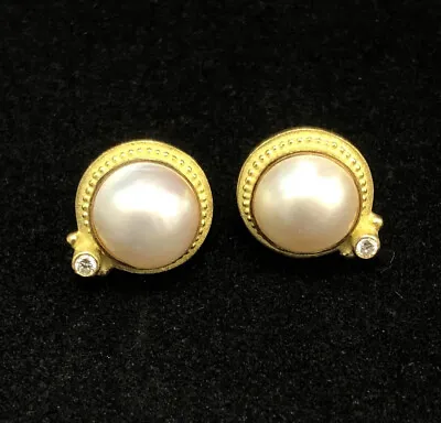 18k Yellow Gold Diamond And 9mm Mabe Pearl Stud Earrings • $439.99
