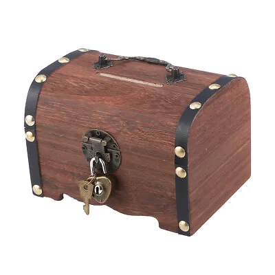 Vintage Wooden Treasure Chest Box Piggy Bank Jewelry Money Storage Case W/ Lock • $13.89