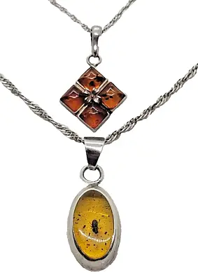 Vtg Taxco 925 Amber Necklace Lot Beetle Scarab Inclusion Sterling Silver Pendant • $27