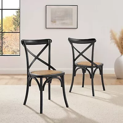 Modway Gear Rustic Modern Farmhouse Elm Wood Rattan Two Dining Chairs In Black • $220.66