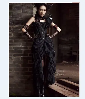 Women Steampunk Gothic Banquet Solid Color BirdTail Lace Long Gown Ankle-Length • $25.94