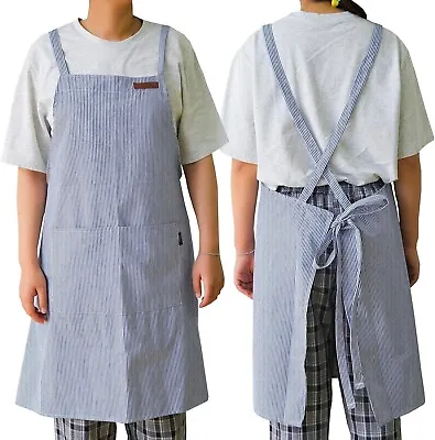 Cotton Canvas Cross Back Apron For Men & Women Cooking Chef Bib Blue Striped • $17.77