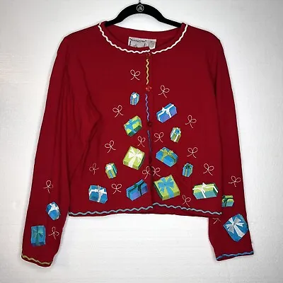 Michael Simon Lite Red Embroidered Christmas Present Cardigan Sweater Size Small • $35