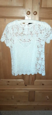 £1.75 • Buy Zara Basic Size S Ivory Lace Top With Attached Vest Top, Good Condition