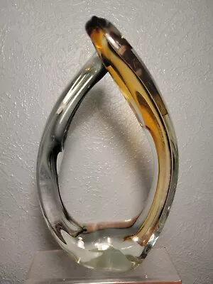 Mid Century Hand Blown GLASS ART SCULPTURE Amber & Grey 9.25  Tall EXCELLENT !! • $50