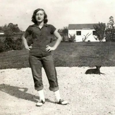 Vintage 1950's Photograph Cute Girl In Saddle Shoes & Dog Suburban Backyard • $17.97