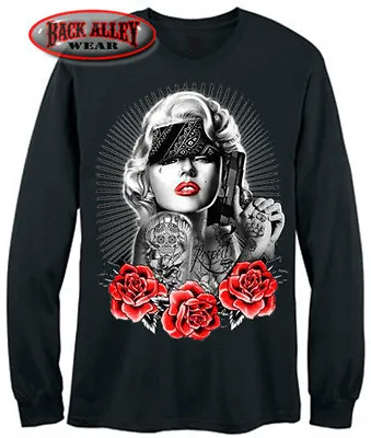 Marilyn Monroe PAIN LONG SLEEVE SHIRT M-3XL Red Lips Gangster Roses ~ TATS GUNS • $19.95