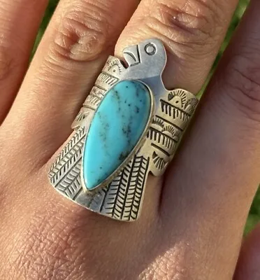 Navajo Sterling Silver Blue Turquoise Thunderbird Ring Russell Sam Gift Size 8 • $198