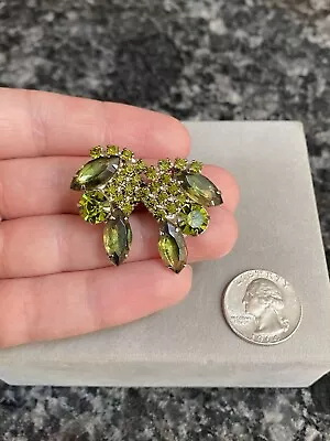 Vintage Signed Madeleine Green Rhinestone Costume Jewelry Clip On Earrings ! • $30