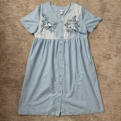 Go Softly Dress Large Blue Birds Embroidered House Patio Mumu Granny Core • $24.95
