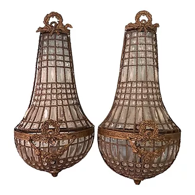 Pair French Empire Brass & Crystal Chandelier Wall Sconce Lamps Fixture Vintage • $195