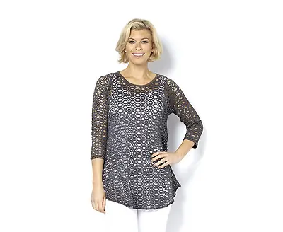 Yong Kim Tunic Jumper Crochet Elbow Sleeve Long Line  Khaki Size UK 12 Rrp £124 • £49.99