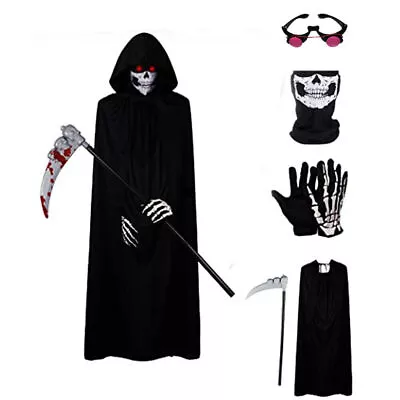 Halloween Kids Adults Grim Reaper Cosplay Costume Robe With Scythe Gloves Outfit • £21.89